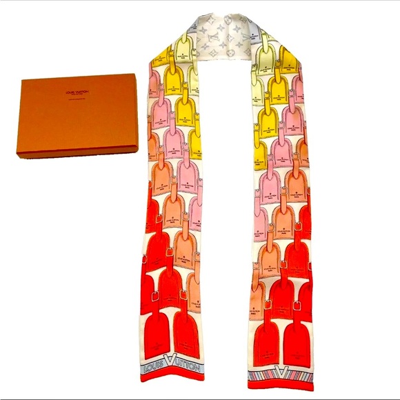 Authentic Louis Vuitton Bandeau LV tag printed silk Scarf W/Box - Picture 1 of 16